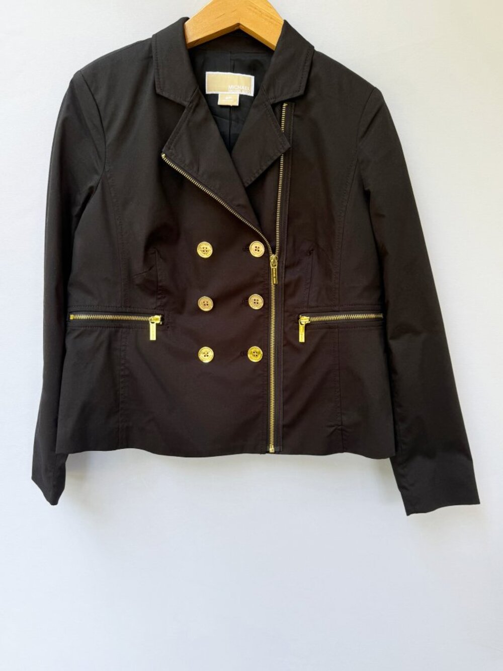 MICHAEL Michael Kors Petite Black Moto Peacoat Jacket Gold MK Buttons 8P NWOT - Picture 1 of 4